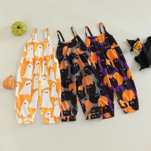 Miniatura 6 de Emmababy Enterizo de Halloween para niños y niñas pequeñas, con estampado de calabaza, fantasmacaricatura, gato, calabaza, sin mangas, 1-6T, overol