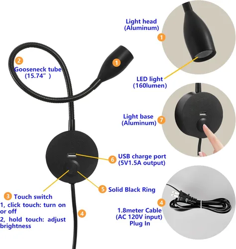 Miniatura 4 de Luz LED de lectura de pared con puerto de carga USB, interruptor regulable táctil, lámpara de noche de cuello de cisne, brazo flexible, 3 W