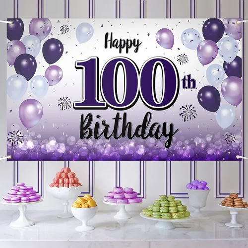 Decoraciones de feliz cumpleaños número 100, cartel de fondo grande de globos morados de 100 años, suministros para fiesta de cumpleaños de 100 años.