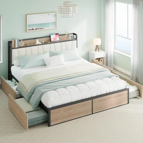 Miniatura 10 de LIKIMIO Armazón de cama Queen con 4 cajones de almacenamiento, cama de plataforma con cabecera con carga, resistente y estable, sin ruido, no Verde