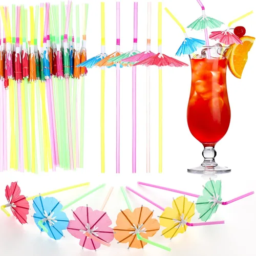 Miniatura 8 de Sieral 300 popotes para sombrillas, para decoración de fiesta Luau, pajitas de cóctel hawaianas flexibles con paraguas, popotes desechables