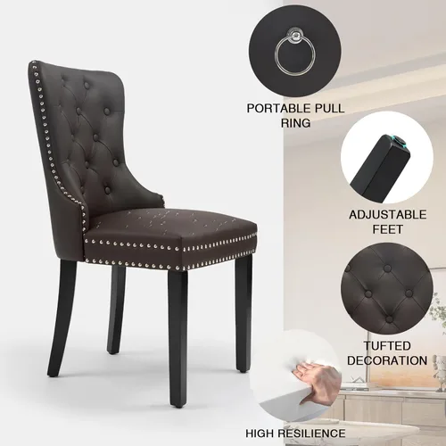 Miniatura 4 de adochr Juego de 2 sillas de comedor de terciopelo, sillas de comedor tapizadas acolchadas con anillo de tracción y patas de acero inoxidable, beige