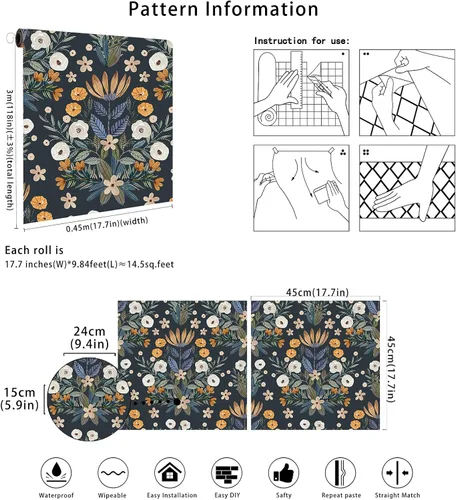 Miniatura 8 de Floralplus Papel tapiz autoadhesivo bohemio extraíble para baño, papel tapiz floral oscuro, papel de contacto floral con hojas adhesivas para Azul