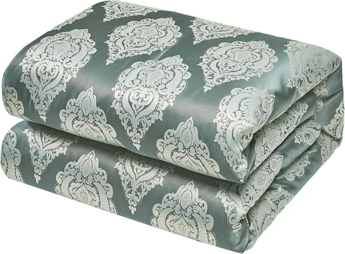 Miniatura 7 de Sterling Creek Trinity - Juego de edredón de lujo de 7 piezas, edredón tradicional de medallón jacquard gris y verde con cojines decorativos