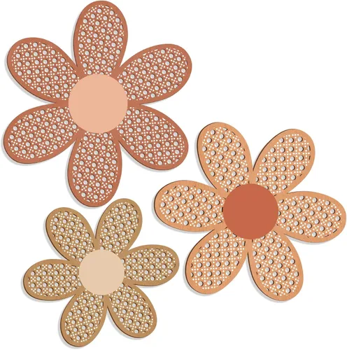 Maitys 3 piezas de decoración de pared de margaritas bohemias, flores de ratán natural, arte bohemio de madera, flores de guardería, decoración