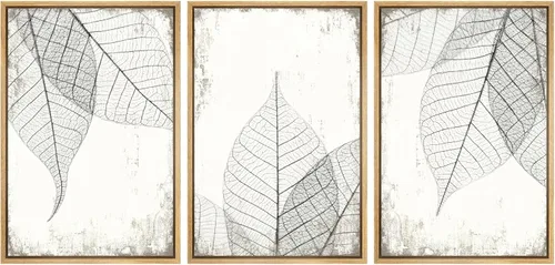 Miniatura 12 de SIGNWIN Lienzo enmarcado para pared, juego de arte de collage de hojas transparentes en blanco y negro, ilustraciones de naturaleza silvestre, arte