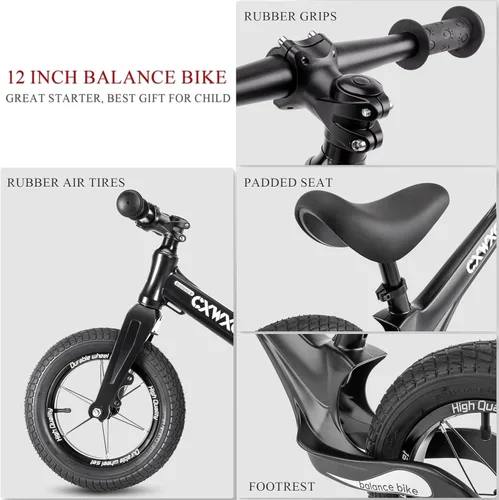 Miniatura 5 de CXWXC Bicicleta de equilibrio de 12 pulgadas para niños de 24 meses a 5 años, bicicleta de equilibrio para niños con reposapiés, bicicleta de Negro