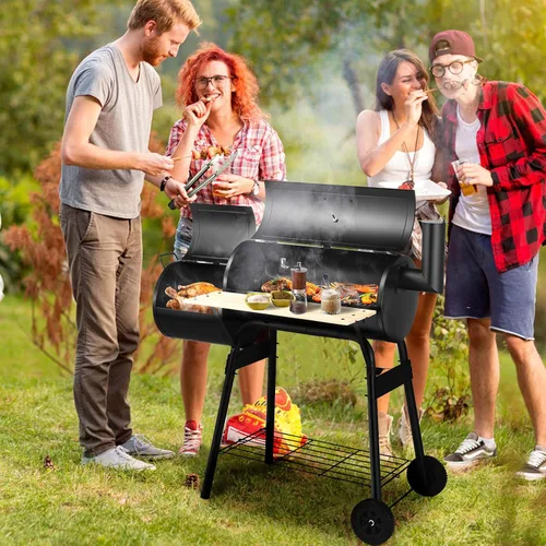 Miniatura 2 de Giantex Parrilla de carbón para barbacoa con ahumador desplazado, termómetro y amortiguador ajustable, ahumador para cocinar carne, ahumador