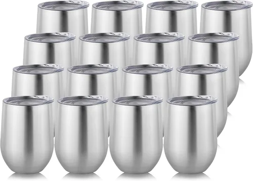 DOMICARE - Juego de 16 vasos de vino de 12 onzas con tapa, hechos de acero inoxidable con aislamiento al vacío de doble pared, color acero inoxidable