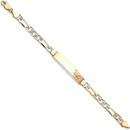 The World Jewelry Center Pulsera de identificación de flores Figaro de oro tricolor de 14 quilates, corte de diamante, 7 pulgadas