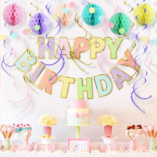 Miniatura 7 de Kit de decoraciones de cumpleaños pastel - Set de 17 piezas con pancarta de feliz cumpleaños pre-hilada, bolas de panal, guirnalda y remolinos