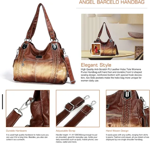 Miniatura 4 de Angel Barcelo - Bolsa de hombro amplia para mujer, diseño Hobo, cuero lavado