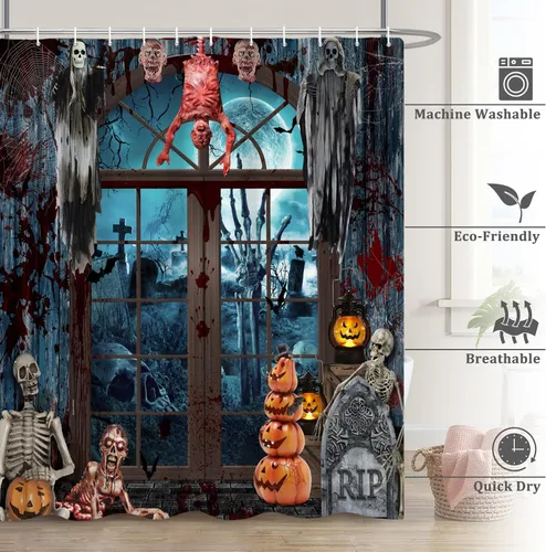 Miniatura 6 de Renaiss Cortina de ducha de Halloween de 60 x 72 pulgadas para decoración de Halloween, divertido esqueleto para el hogar, espeluznante calabaza