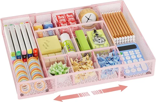 Miniatura 15 de Marbrasse Organizador de Cajón de Escritorio Expandible, Bandeja Organizadora de Cajón de Malla con 10 Compartimentos Ajustables, Organizadores