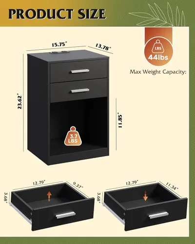 Miniatura 3 de WLIVE Juego de 2 mesitas de noche con estación de carga, juegos de mesa de noche de madera con 2 cajones y estante abierto, mesas auxiliares de cama