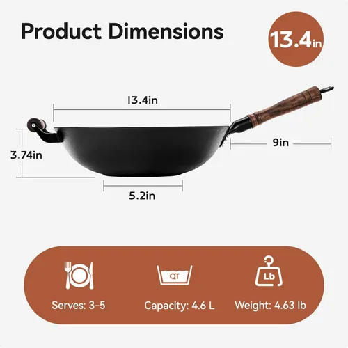 Miniatura 8 de WANGYUANJI Olla de hierro fundido, wok chino de 13.4 pulgadas, wok de hierro de fondo plano con tapa, sartén adecuada para inducción, eléctrica