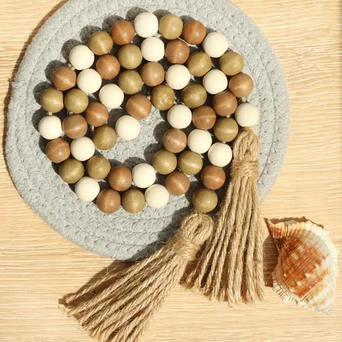 Miniatura 4 de Meplait - Guirnalda de cuentas de madera, 39 pulgadas con borlas estilo granja para decoración de bandejas superpuestas Café y Natural