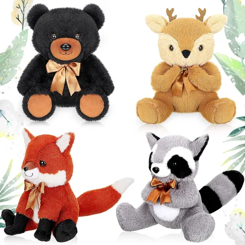 Zomiboo Juego de 4 piezas de animales de peluche del bosque, de la selva, incluye peluche de alce, zorro, mapache, oso, realista, negro, animales