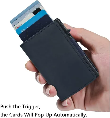 Miniatura 2 de Cartera delgada para Air Tag Cartera de cuero genuino RFID para tarjetas de crédito y dinero, mini cartera de aluminio desplegable automática