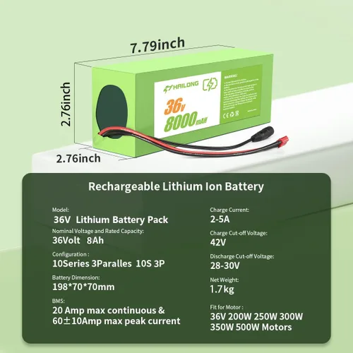 Miniatura 2 de Paquete de Energía Universal Recargable de 36V 8Ah con Adaptador de 42V 2A BMS de 20A y Diseño Impermeable (Sistemas de 200-500W)
