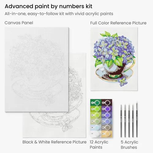 Miniatura 3 de ARTEZA Pintura por números para adultos, 12 x 16 pulgadas, 21 piezas, kit de pintura de flores de hortensias por números, 1 panel de lienzo, 12