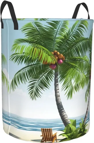 Miniatura 2 de Tropical Palm Tree print Circular Hamper Waterproof Storage Bin Organizer Basket Laundry Hamper With Handles For Clothes Toys Small