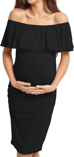 Miniatura 3 de KIM S Vestido de maternidad sin mangas con volantes y hombros descubiertos (S-XXL), vestido ajustado para sesión de fotos de baby shower