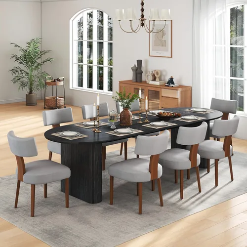 Miniatura 13 de Juego de mesa de comedor ovalada extensible de 59 a 90 pulgadas con 4 sillas de comedor con respaldo en T para 4 personas, moderna mesa de comedor