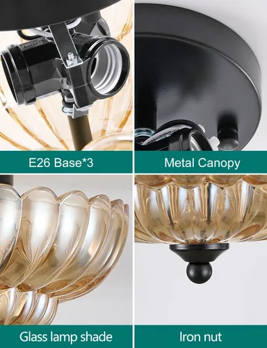 Miniatura 3 de Lámpara de techo semiempotrada, accesorio de lámpara de techo de vidrio ámbar, lámpara moderna negra de 3 bombillas cerca del techo, luces de techo
