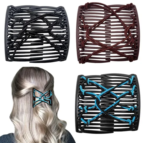 Miniatura 8 de 3 piezas de peine elástico mágico para el cabello, doble peine elástico, horquillas para mujeres, horquillas con cuentas, niñas, peinado vintage