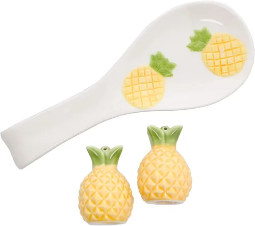 Juego de estufa de cerámica con salero y pimentero y soporte para cucharas, piña Cactus
