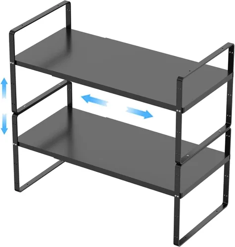 Paquete de 2 organizadores de estantes de gabinete de cocina expandibles, estantes de almacenamiento de despensa de metal apilables, estante de Negro