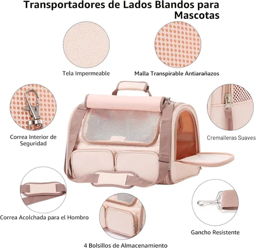 Miniatura 4 de Transportador FUKUMARU para gatos, transportador para perros pequeños con 4 ventanas de malla, bolsa de viaje para gatos con 4 bolsillos de Rosa