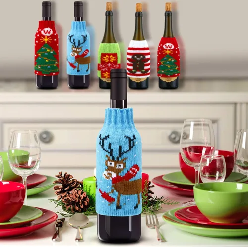 Miniatura 2 de Boao 6 juegos de fundas navideñas para botellas de vino y sombreros, decoración hecha a mano, suéter feo, vestido de botella de vino, vestido