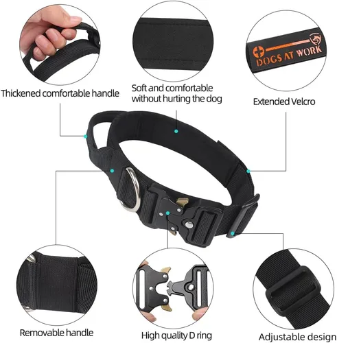 Miniatura 2 de Collar táctico para perro con asa, collar grueso militar resistente para perros medianos, hebilla de metal de liberación rápida, ajustable y cómodo