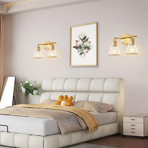 Miniatura 8 de Accesorios de iluminación de baño sobre espejo Luces de tocador doradas de 2 luces con pantalla de vidrio transparente de 14 pulgadas Luces