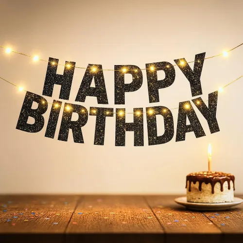 KatchOn, Cartel de feliz cumpleaños negro con purpurina iluminada – Prestrung, 10 pies | Letrero iluminado de feliz cumpleaños | Decoraciones de