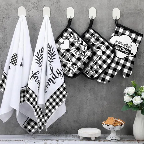 Miniatura 4 de Juego de 5 toallas de cocina a cuadros de búfalo, guantes de horno y soporte para ollas, toallas de cocina en blanco y negro, almohadillas calientes