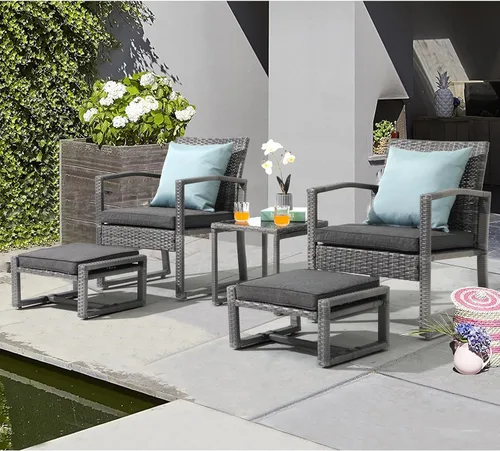 Patiorama Juego de muebles de mimbre para patio al aire libre, 5 piezas, sillas de ratán de polietileno gris para todo tipo de clima, juego de