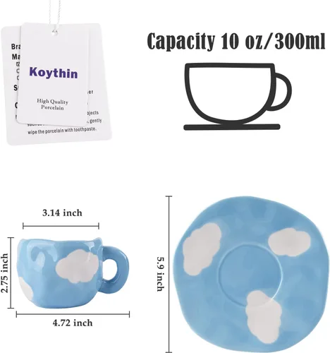 Miniatura 2 de Koythin - Juego de taza de café de cerámica con platillo, linda taza de café con nubes y taza para oficina y hogar, tazas de cielo azul y nubes Azul