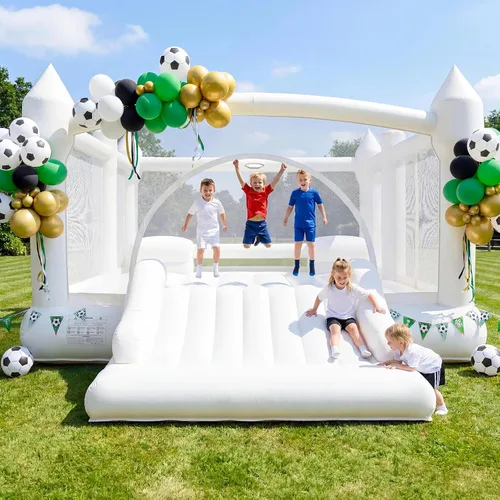Hapfan Casa inflable blanca para niños grandes, castillo animoso grande de 15 x 12 pies con soplador, tobogán más ancho y aro de baloncesto,