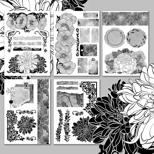 HANATABA - Paquete de papel (15 hojas de 8 x 11 pulgadas), ramos de flores monocromáticas HANATABA vintage estilo Art Deco para manualidades y