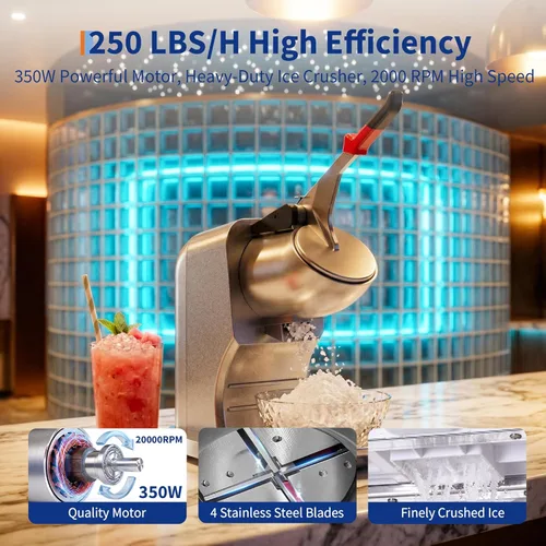 Miniatura 5 de Garvee Trituradora de hielo comercial de 209 libras/h, máquina eléctrica de cono de nieve de 300 W con 4 cuchillas de acero inoxidable, 1450 RPM