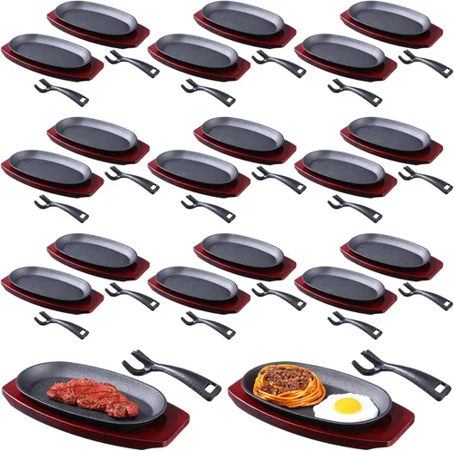 Miniatura 12 de Mifoci Juego de 12 sartenes ovaladas de hierro fundido para fajita, plato pequeño para carne chisporroteante con base de madera y mango, sartén