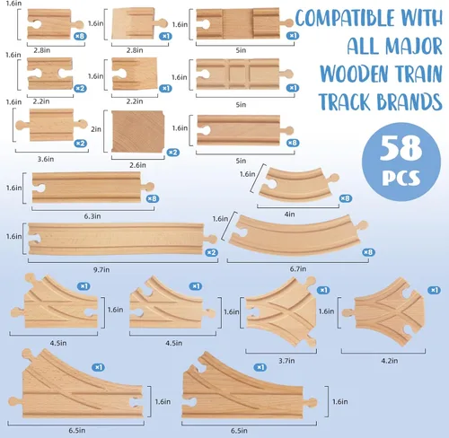 Miniatura 2 de Juego de 58 pistas de tren de madera, expansión de vías y 9 piezas distintas, 100% compatible con todas las principales marcas, incluido el sistema