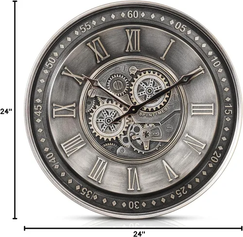 Miniatura 10 de CLXEAST Reloj de pared grande de 24 pulgadas con engranaje móvil para decoración de sala de estar, relojes de pared con números romanos de metal