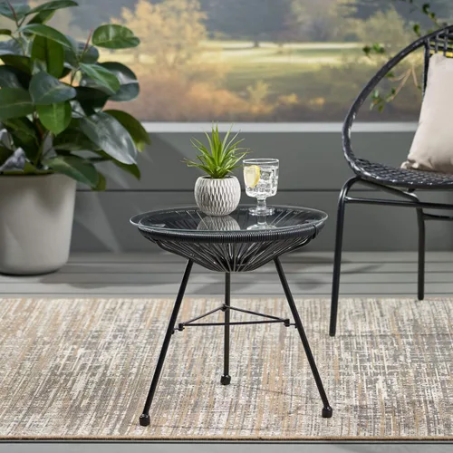 Miniatura 2 de Great Deal Furniture Christina - Mesa auxiliar moderna de ratán sintético para exteriores con parte superior de vidrio templado, color negro
