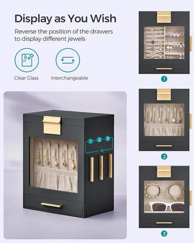 Miniatura 3 de SONGMICS Joyero con ventana de cristal, organizador de joyas de 5 capas con 3 cajones laterales, almacenamiento de joyas, con espejo grande