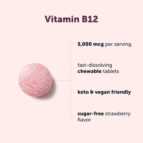 Miniatura 3 de Vitamina B12 sublingual 5000 mcg Forma activa metil B12 - 180 tabletas masticables Disolución rápida, sabor natural a fresa, apoyo a la energía
