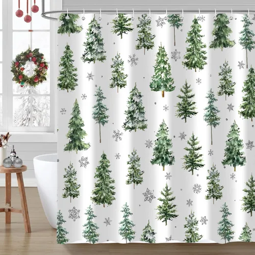 Miniatura 3 de Cortina de ducha de Navidad con diseño de pino, cortinas de baño decorativas estilo granja retro de acuarela, invierno, copos de nieve, verde, tela